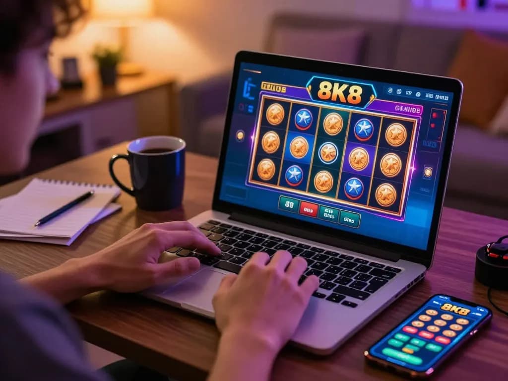 Player engaging with 8K8 online casino on laptop, showcasing vibrant gaming interface.