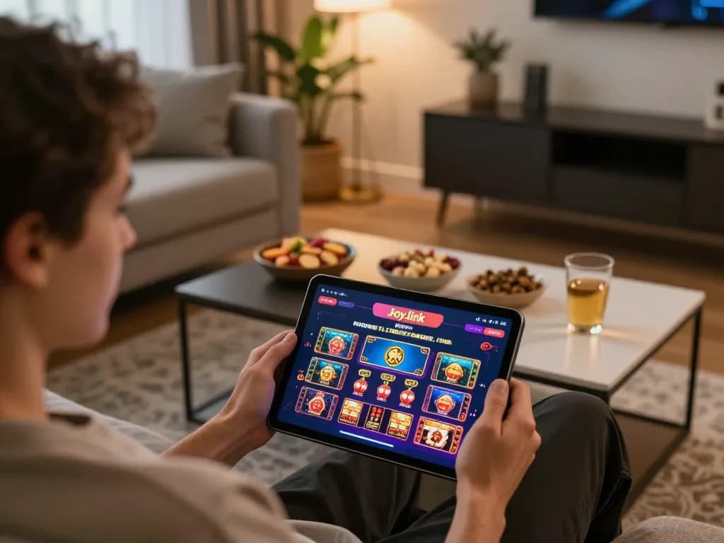 Player utilizing Joy.link free credit for online casino games in a cozy home setting