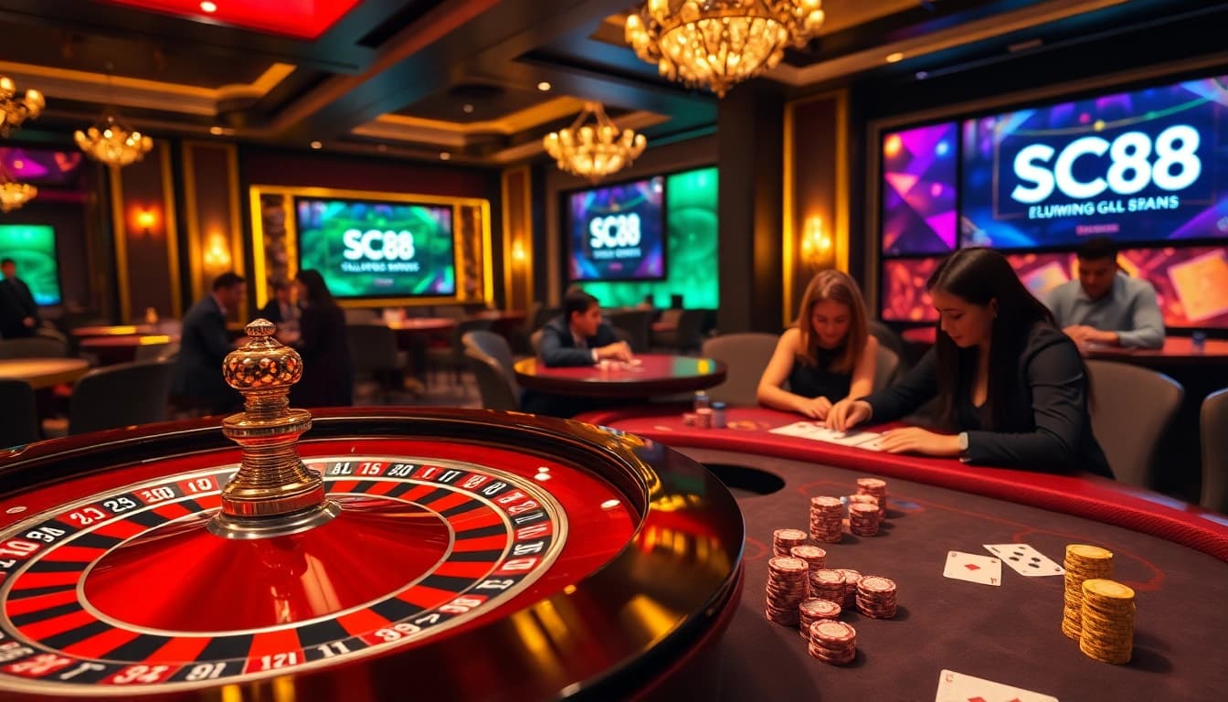 Exciting casino gameplay at SC88, featuring a roulette wheel and high-stakes poker table.