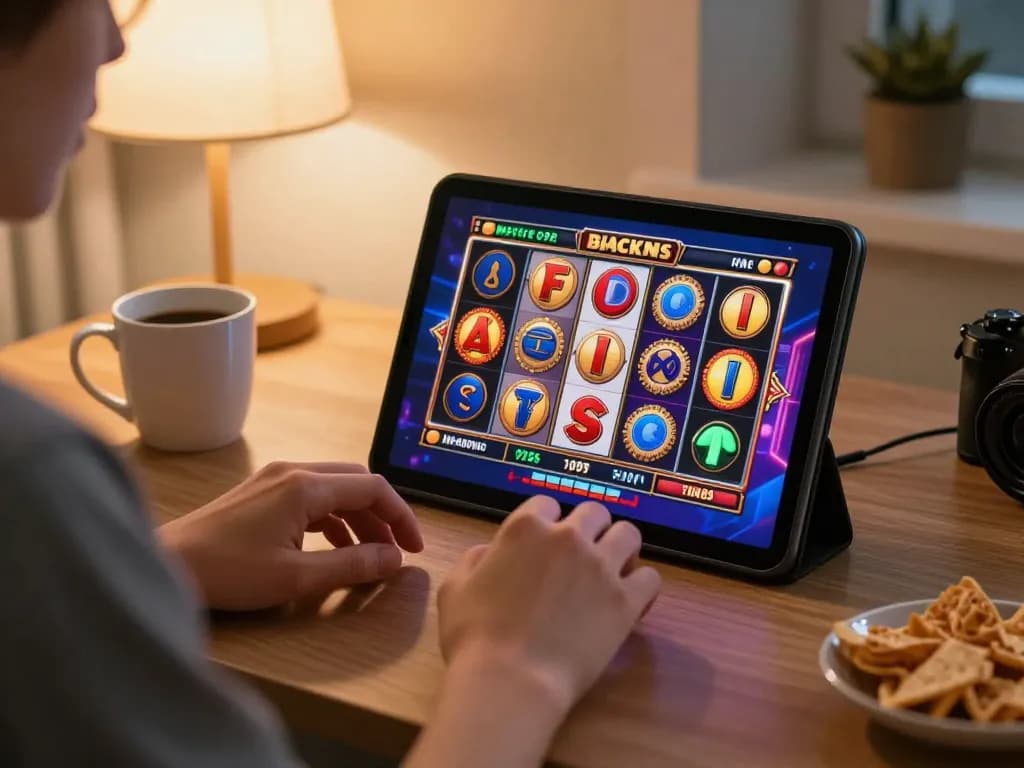 Engaging in link free credit slot malaysia gaming on a tablet in a cozy home setting.
