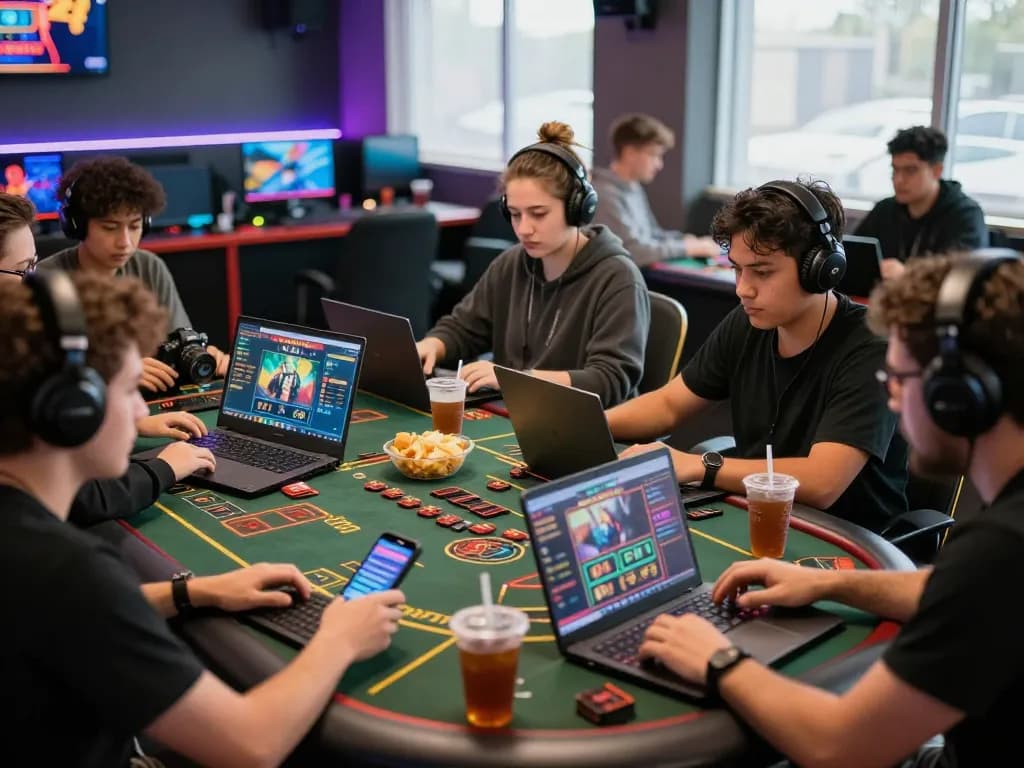 Exciting online gaming moment on vegasslot77 with diverse players in a vibrant lounge environment.