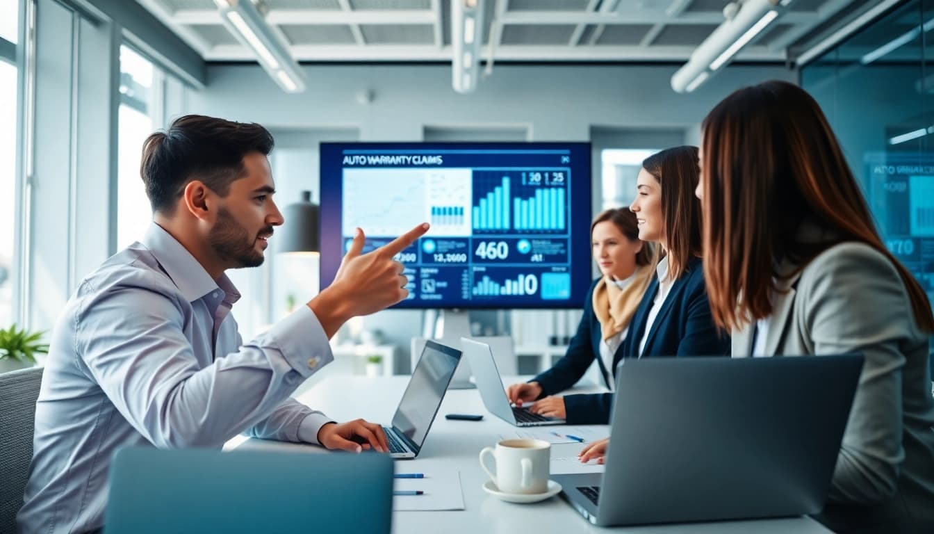 Visualize a professional team working on AI assisted auto warranty claims in a bright office.