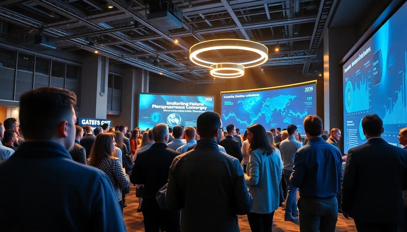 Engaging scene of Crypto 2026 conference with diverse attendees discussing blockchain technologies.