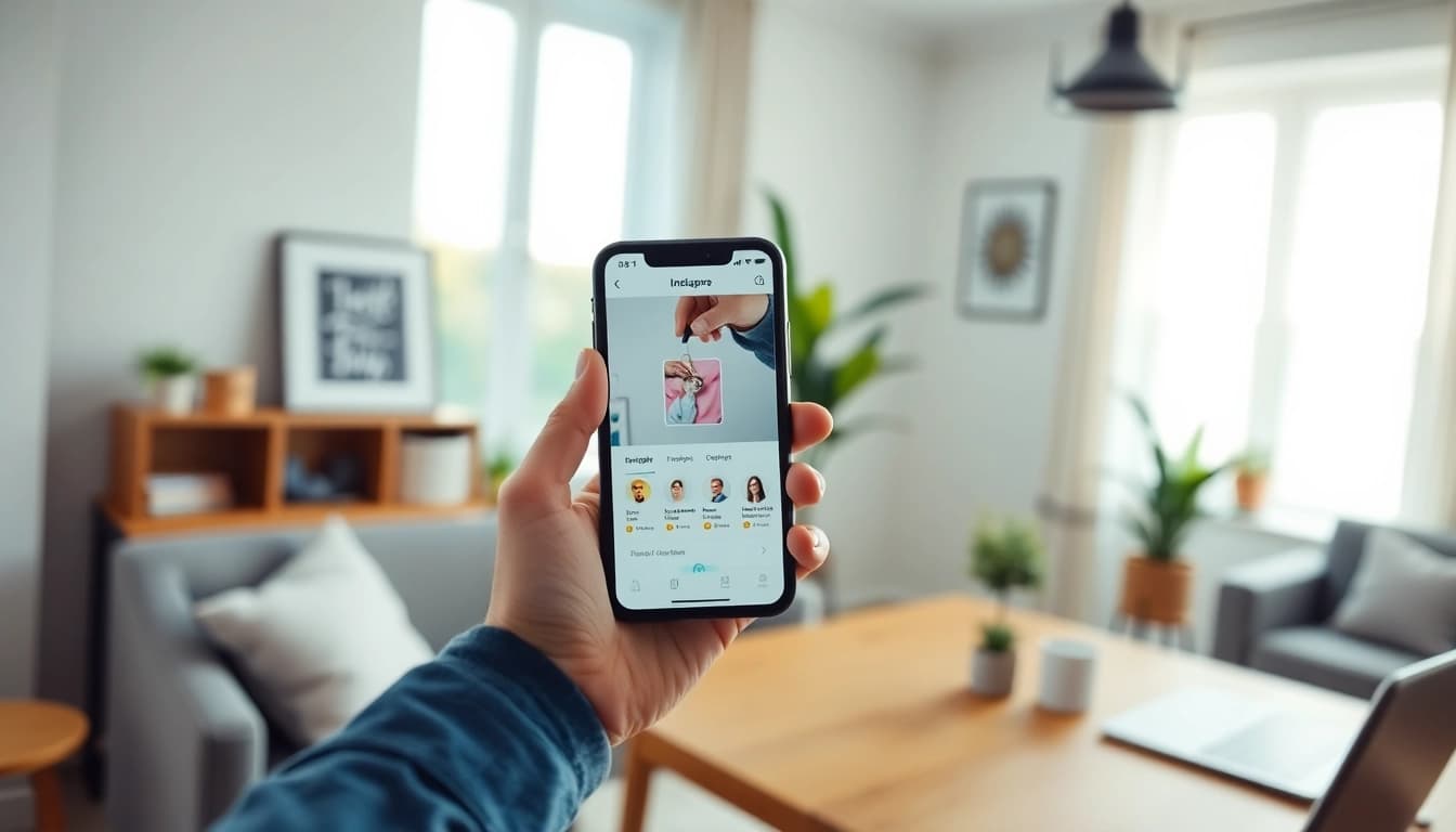 Showcase of a person using the Instapro app on a smartphone in a modern home setting, emphasizing user experience and technology.