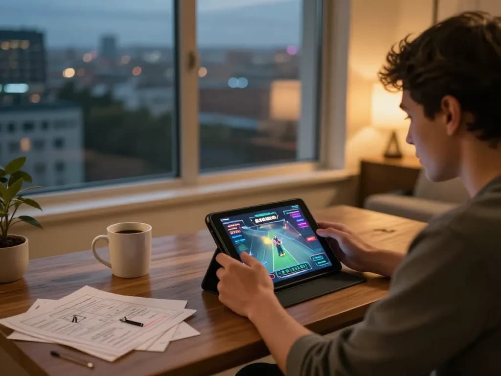 SLOT6000 player engrossed in an online game on a tablet, showcasing excitement and strategic focus in a cozy home environment.