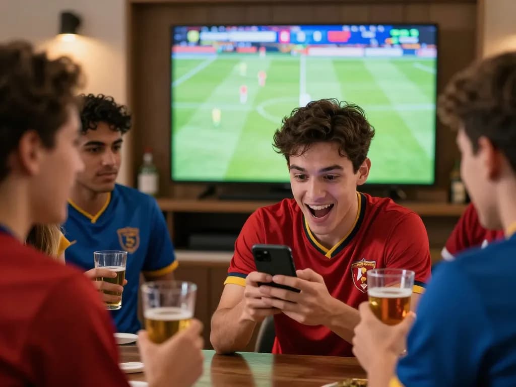 Cakhiatv user excitedly placing live sports bets during a match with friends in a lively atmosphere.