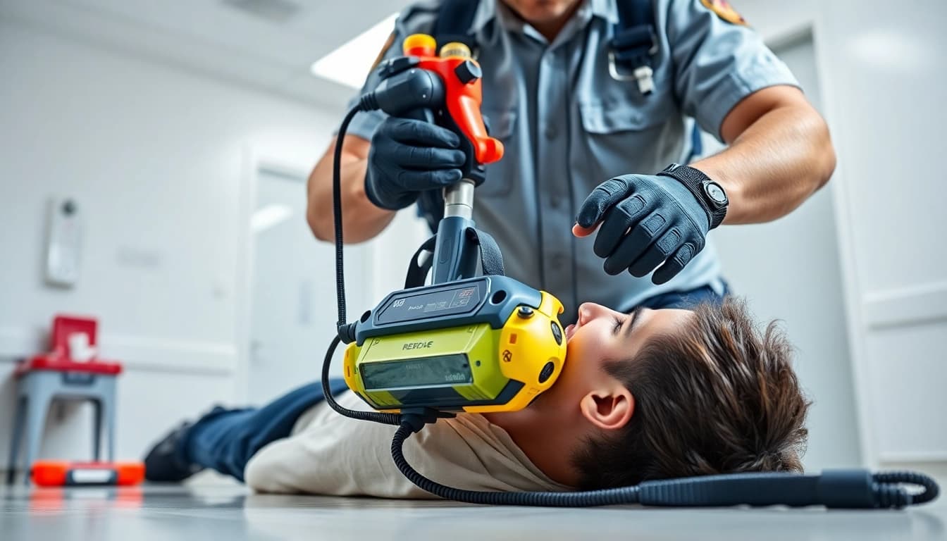 Showcase of a choking rescue device being used in a professional setting to save a life.