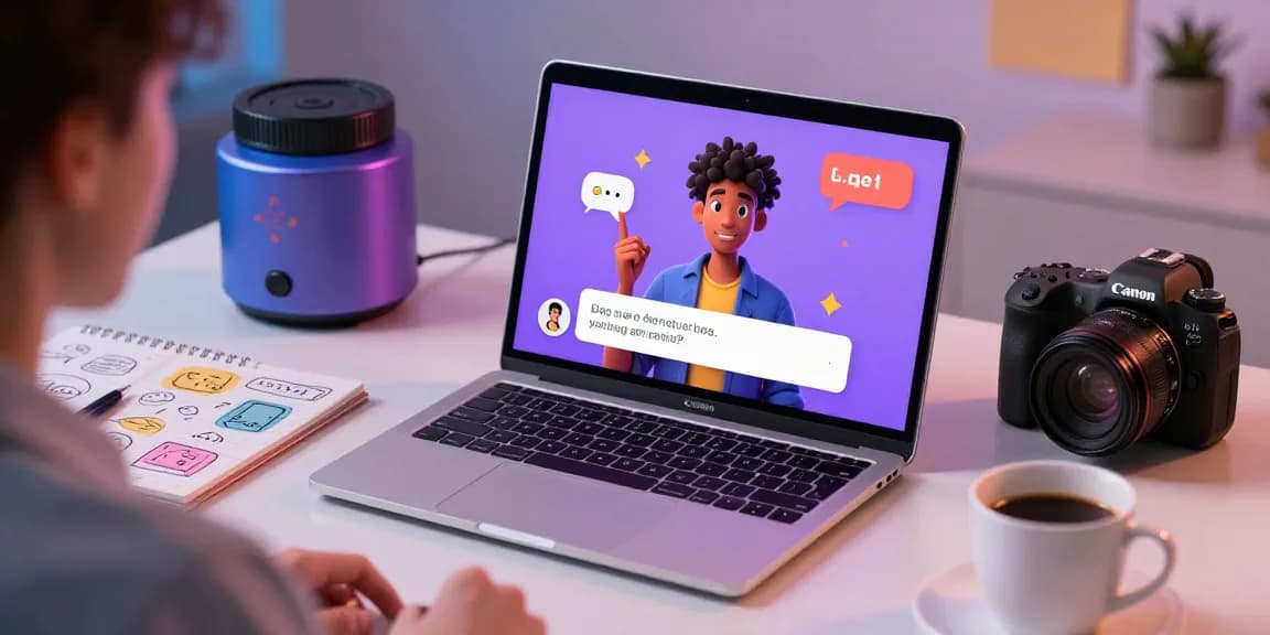 Engaging in AI chats with crushon ia on a modern laptop in a colorful workspace.