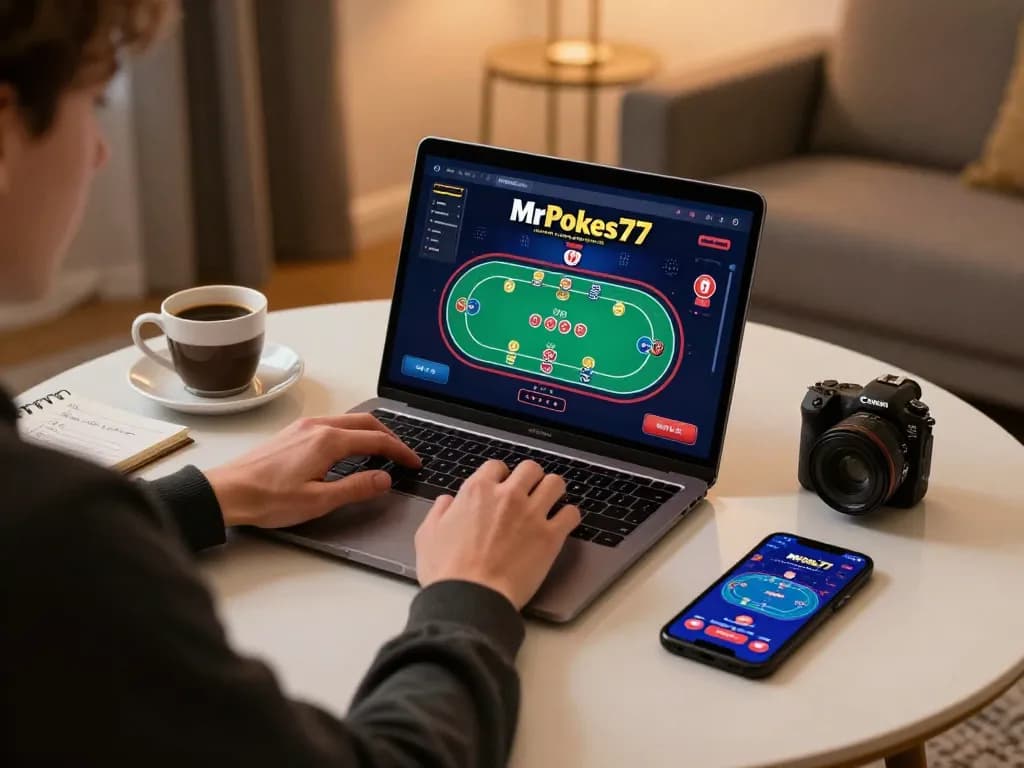 Engaged player exploring MrPokies77 with laptop while analyzing betting strategies and enjoying a cozy home setup.