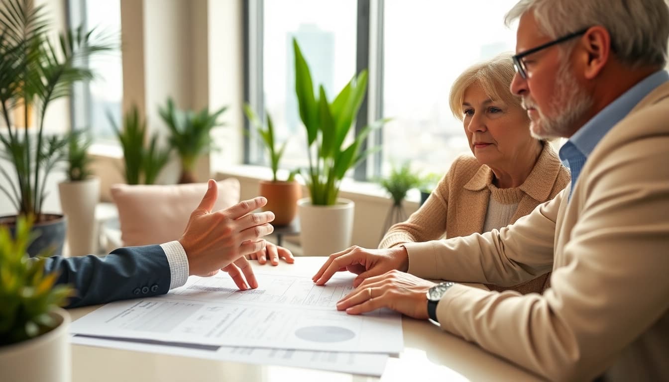 Couple engages in retirement planning San Antonio with a financial advisor in a modern office.