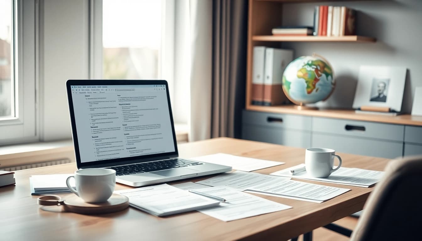 Professional translator's workspace highlighting tłumaczenie przysięgłe services with laptop, papers, and language books.