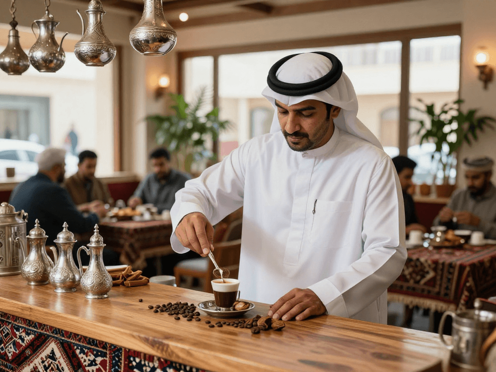قهوجي الرياض يقدم القهوة العربية التقليدية في مقهى دافئ