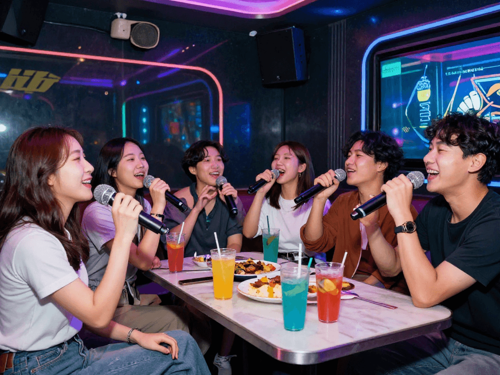 강남 디저트에서 친구들과 함께 노래를 즐기는 모습, 활기찬 분위기의 최신형 노래방