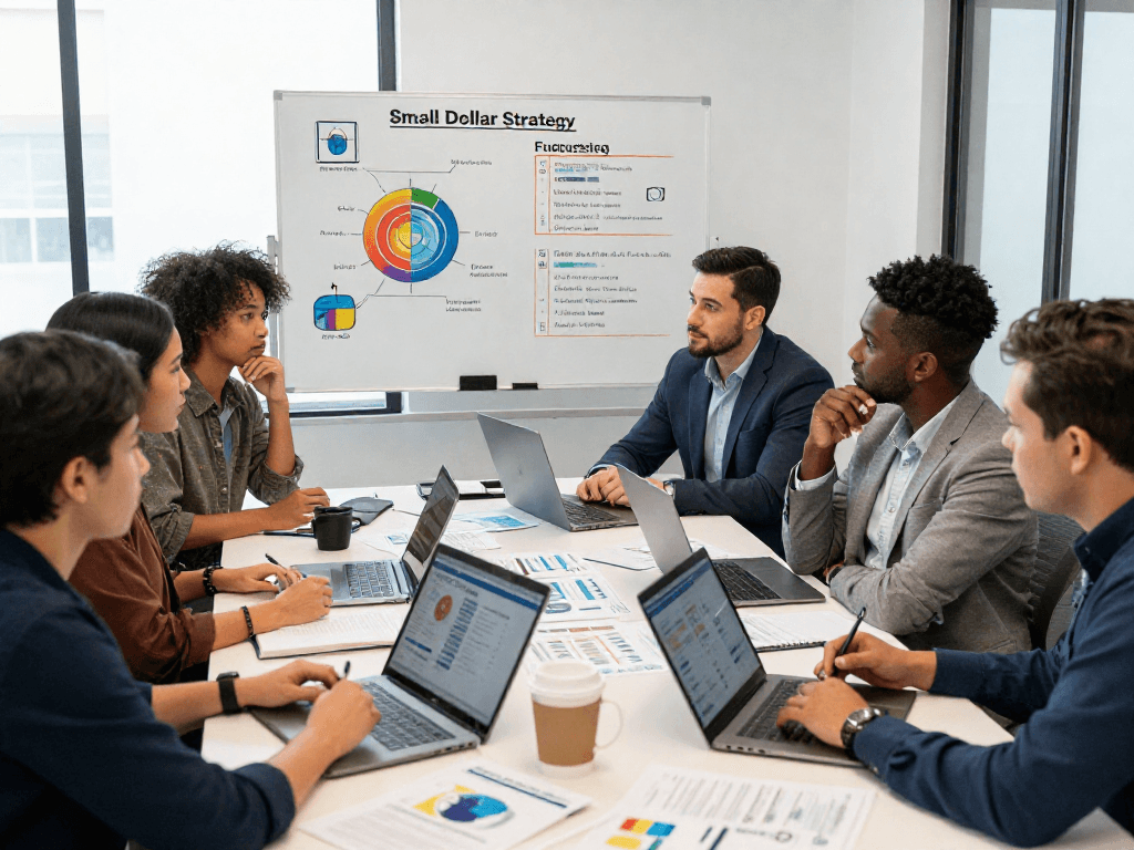Strategists discussing small dollar fundraising strategies during a campaign meeting in a modern office.