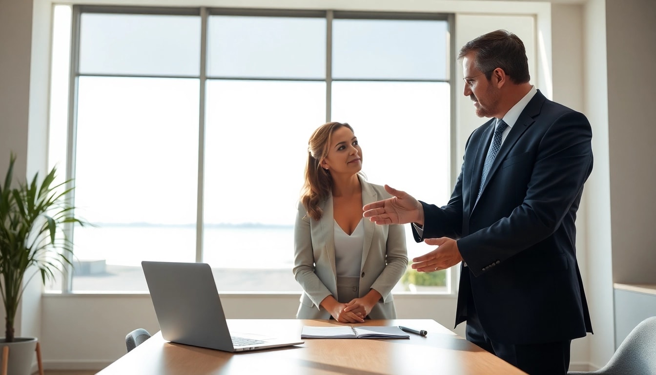 Truck accident attorney Clearwater offering legal advice to a distressed client in an office setting.