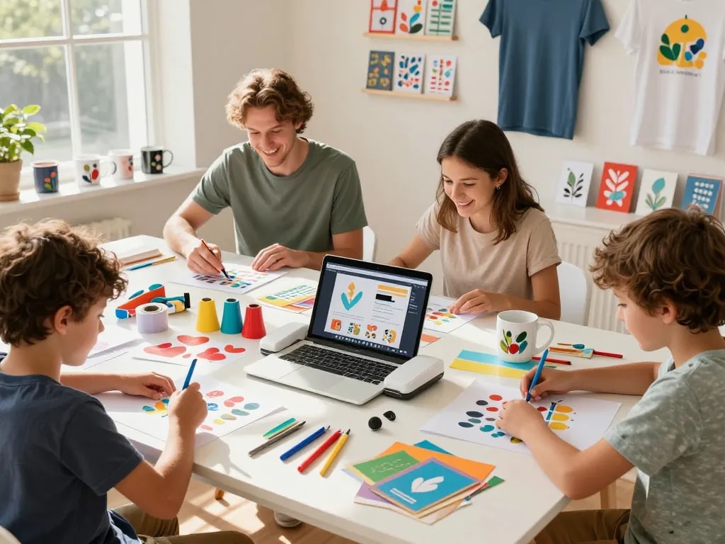 Cricut crafting family using the Design Studio app with colorful materials and designs.