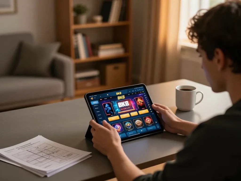 Engaging home gaming scene with BK8 app on tablet, showcasing online wagering.