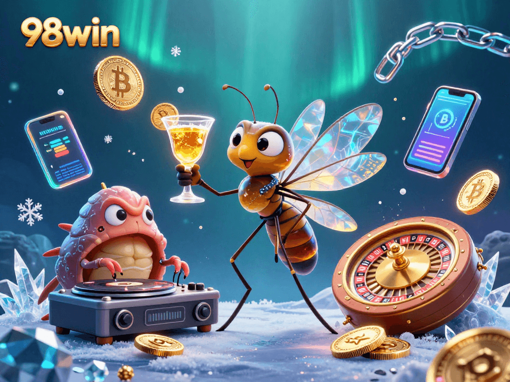 Experience thrilling gameplay with 98win, illustrated by a lively casino scene featuring unique carnival characters.