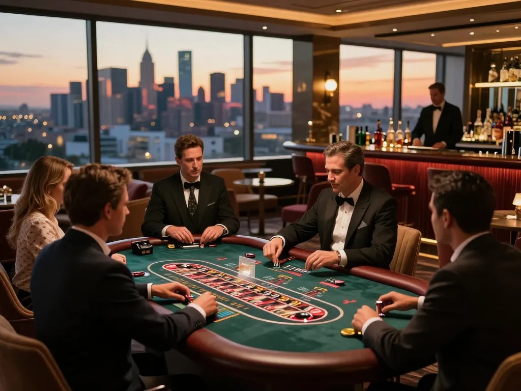 Players enjoying high-stakes gaming at 678vip casino lounge with stunning skyline view