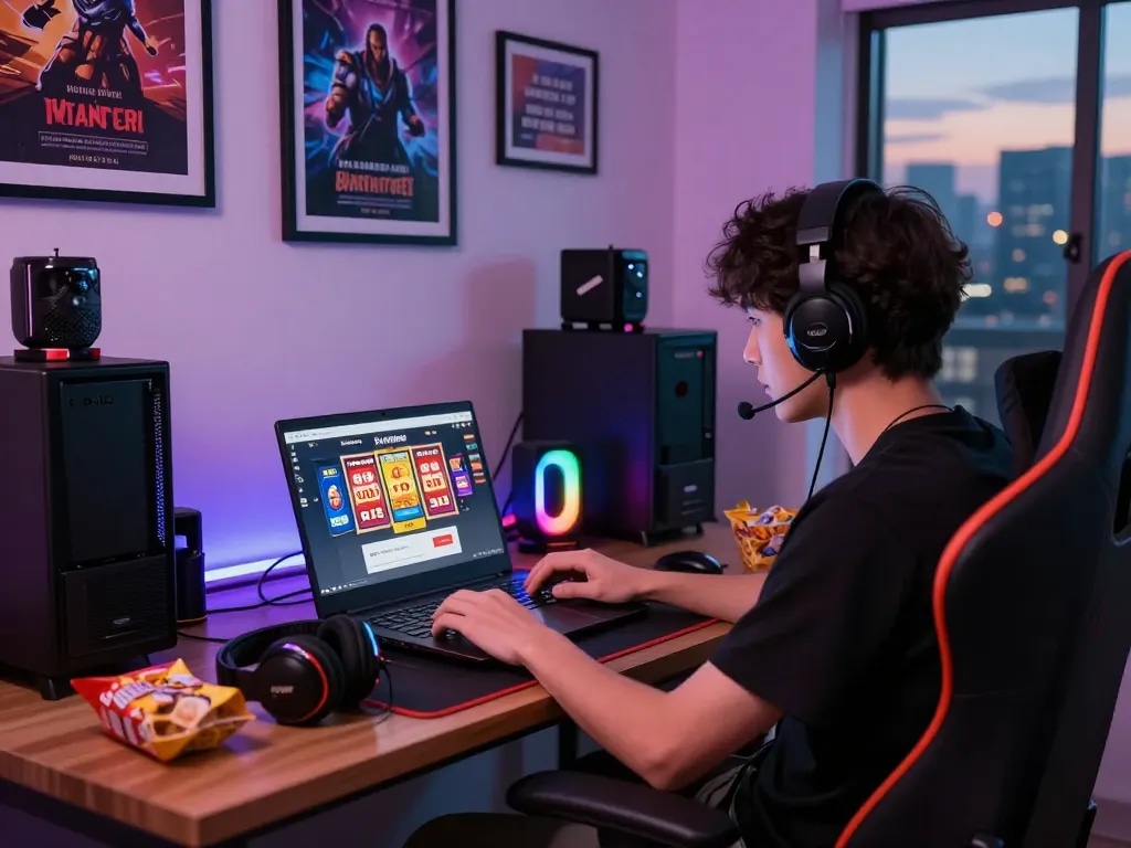 BANTAITOGEL online gaming scene with player at laptop showcasing lottery login interface and vibrant gaming accessories.