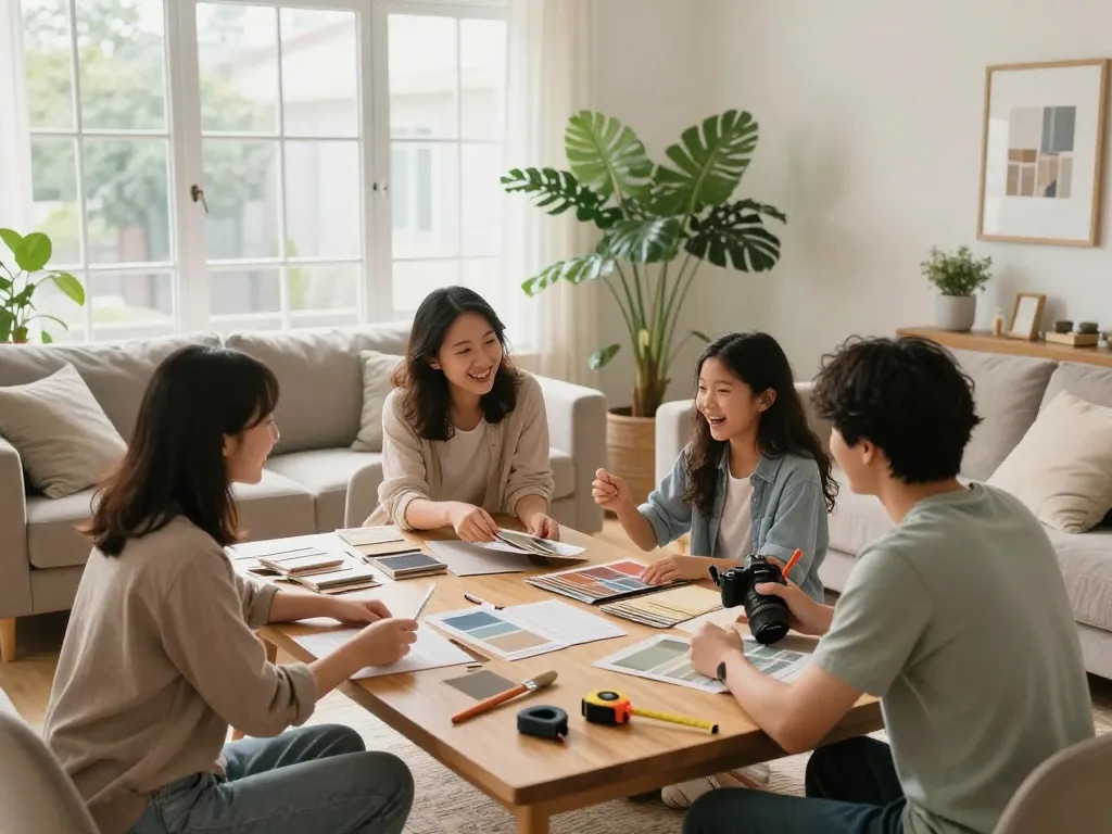 Home renovation scene of a family collaborating on design choices in a bright living room.
