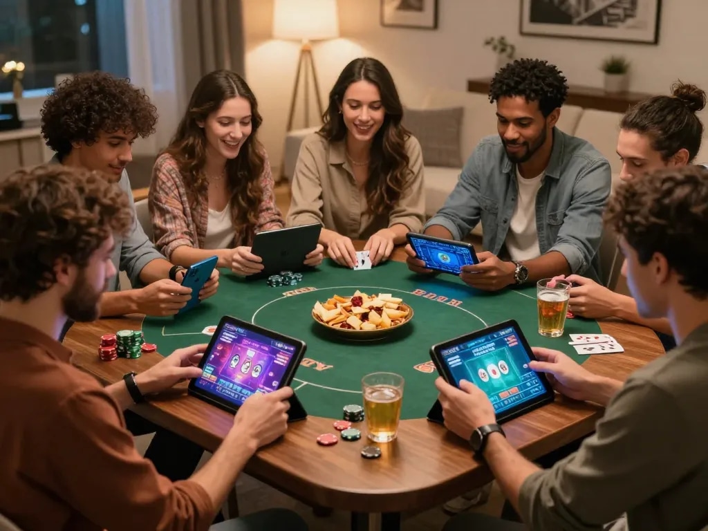 Online gambling excitement with friends showcasing nhacaiuytin strategy at home poker night