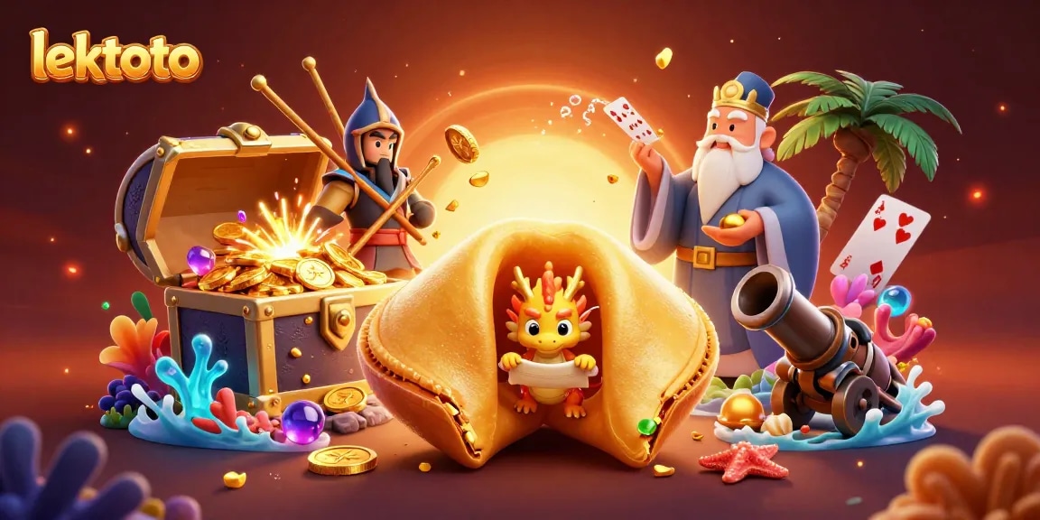 Experience the excitement of lektoto with a vibrant 3D illustration showcasing a golden fortune cookie and dynamic casino elements.