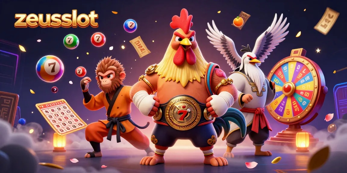 Spin the zeusslot and experience thrilling jackpots with vibrant characters and dynamic elements in this 3D illustration.