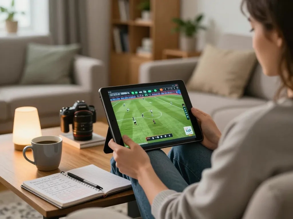 Viewing bóng đá lu scores on a tablet at home, enjoying online gambling in a cozy environment
