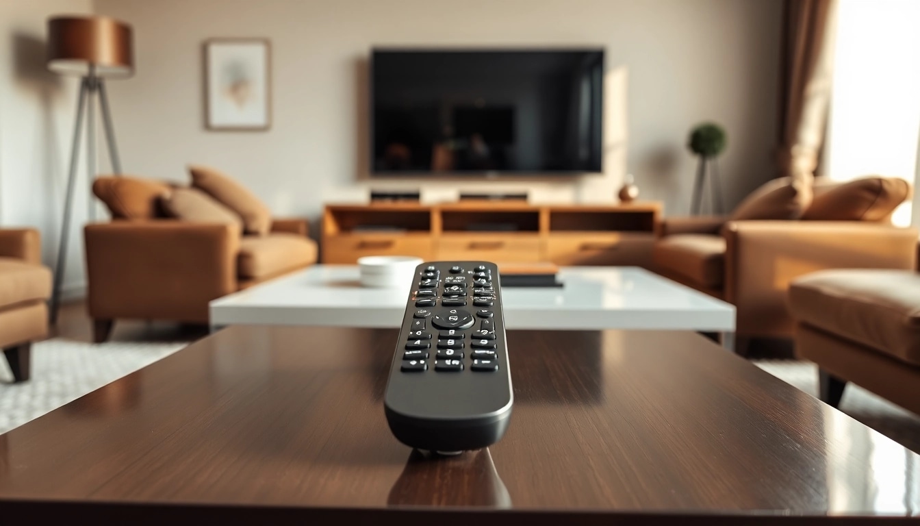 Verwenden Sie die Samsung AA59-00582A Fernbedienung auf einem modernen Couchtisch in einem stilvollen Wohnzimmer.