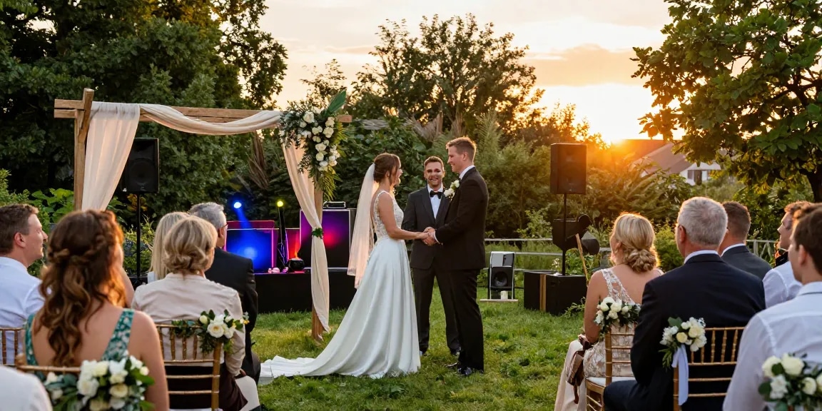 Hochzeit DJ Berlin mit festlicher Stimmung bei Sonnenuntergang.