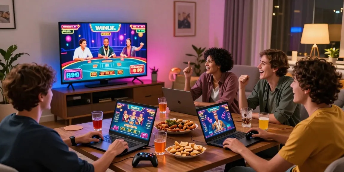 Friends enjoying live games at credit card casinos in a cozy living room atmosphere.