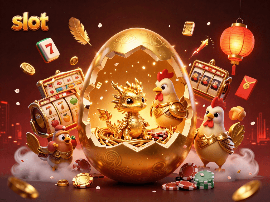 Slot yang menarik dengan permainan naga, chip poker, dan simbol keberuntungan.