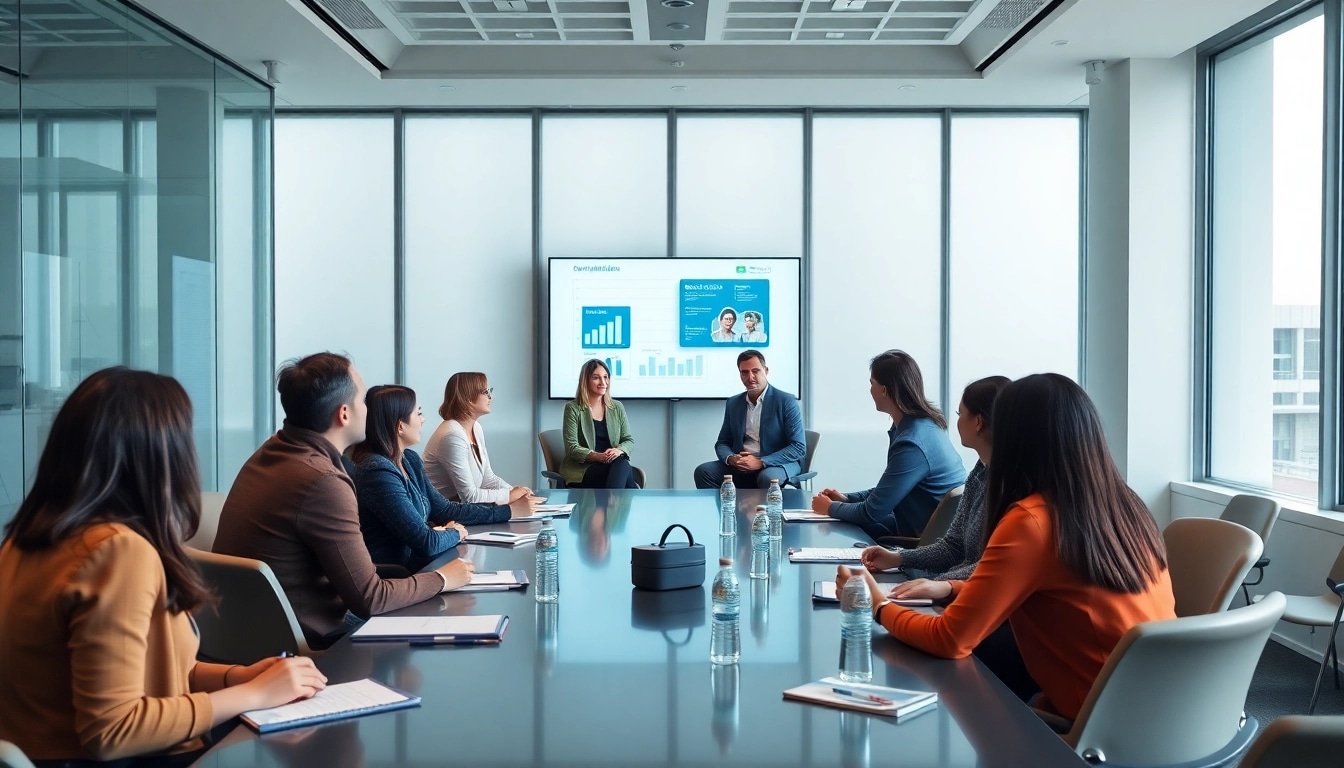 Mediation session with diverse participants engaging in discussion in a modern conference room.