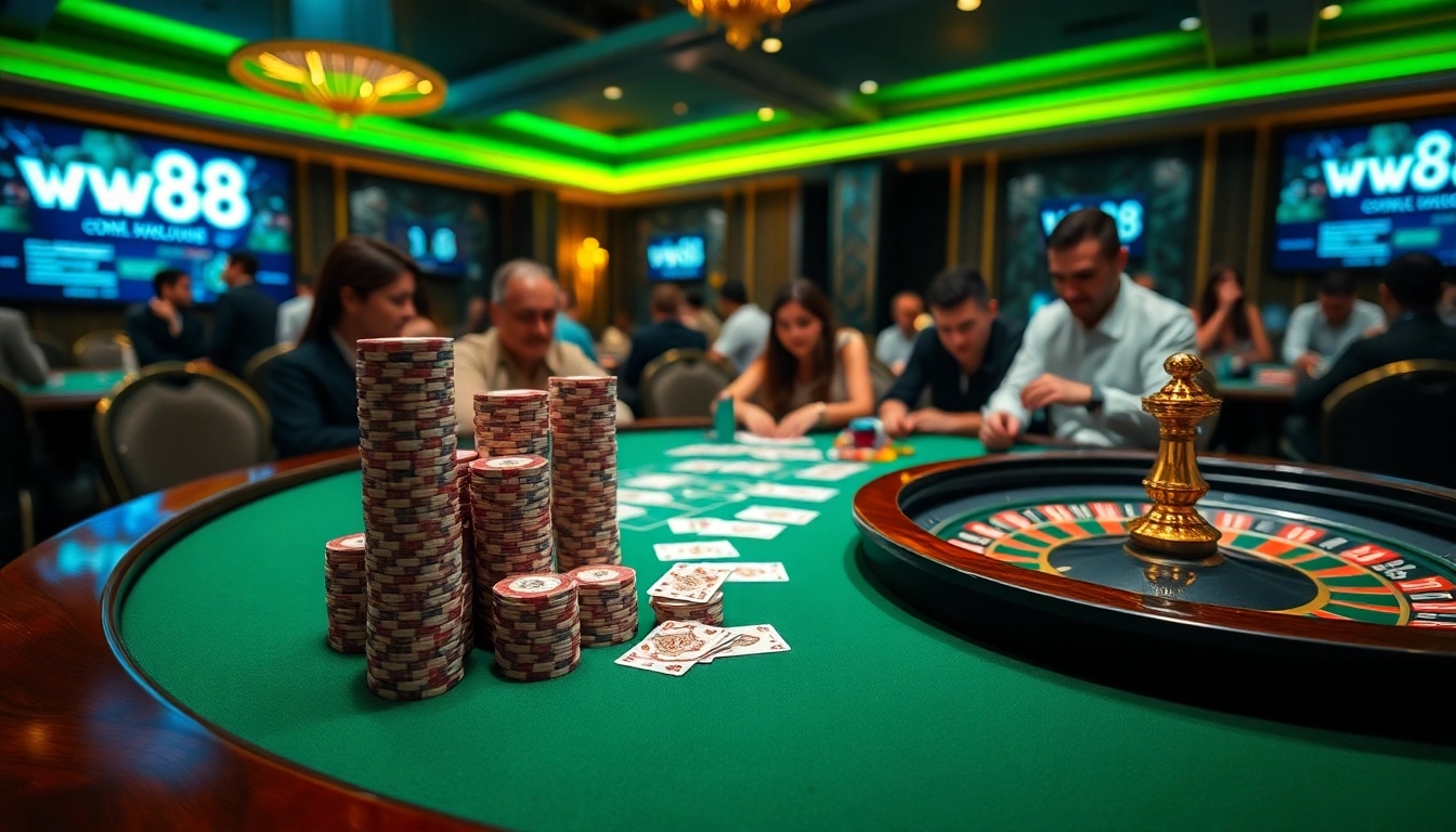 Experience thrilling gameplay at ww88 with vibrant casino tables, poker chips, and engaging players.