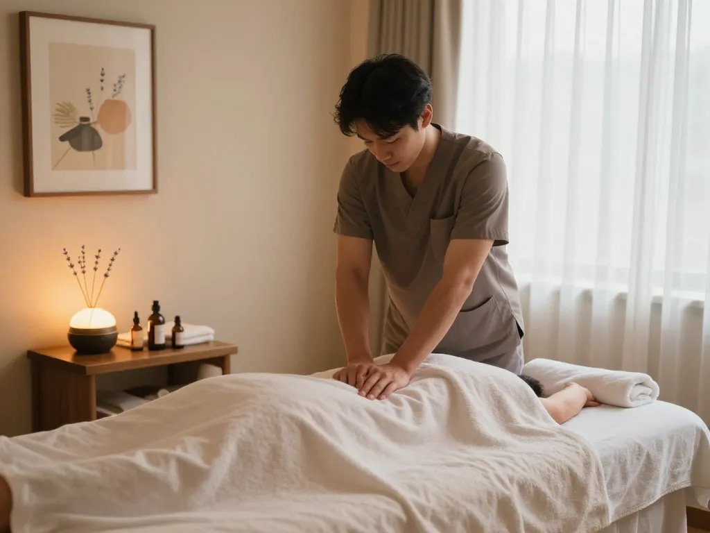 치료사와 편안한 분위기의 포항스웨디시 마사지 장면.