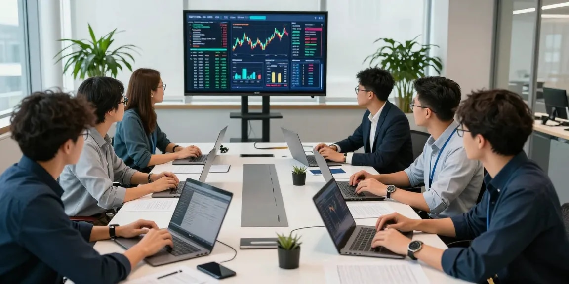 Team analyzing financial crime intelligence data in a bright corporate office