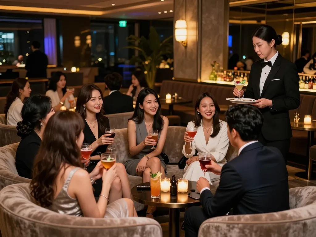Guests enjoying premium drinks in a luxurious 강남쩜오 lounge with elegant decor.