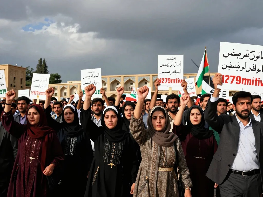 The Iranian revolution depicted in a historic protest scene with diverse individuals holding signs and symbols of unity.