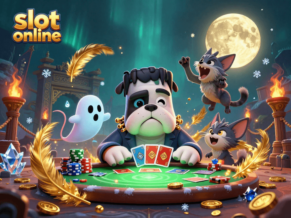 Slot online mendebarkan dengan karakter Frankenstein bulldog dan kucing werewolf di meja judi yang penuh koin emas.