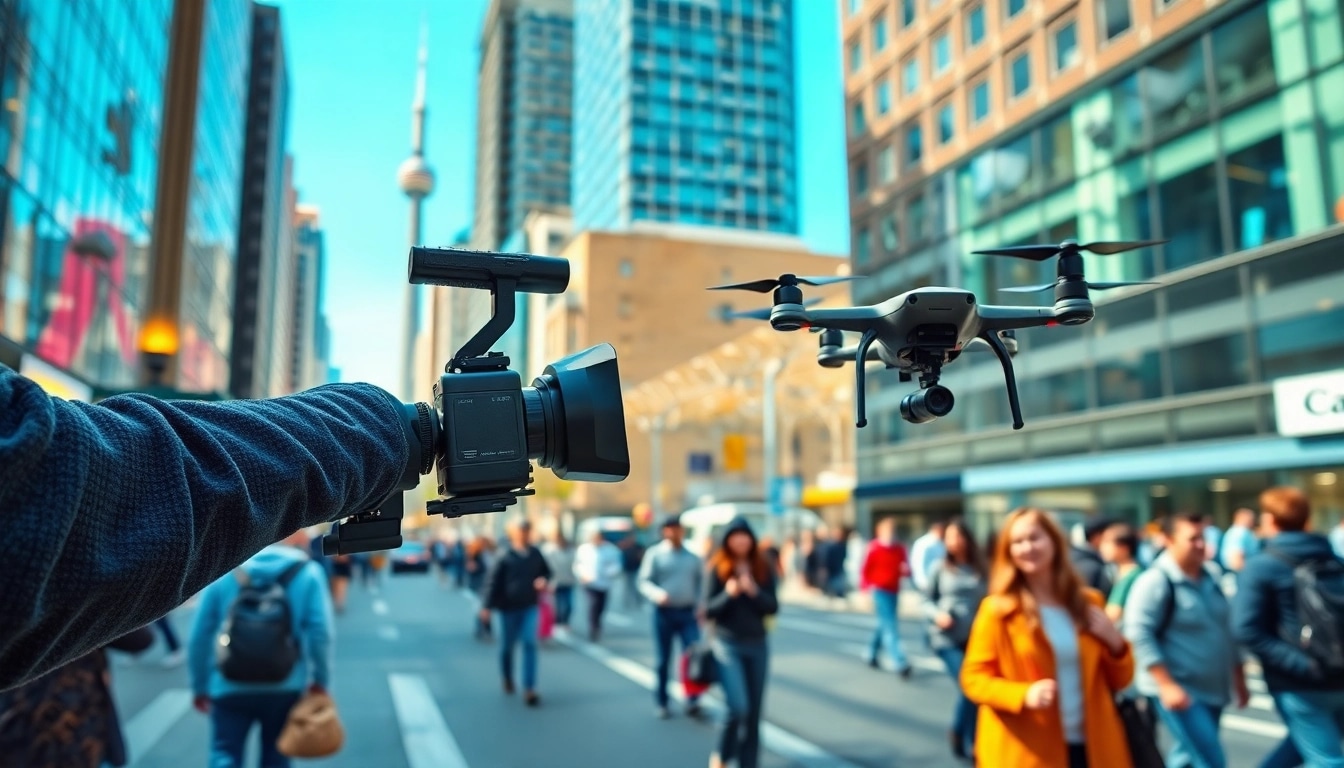 Engaging Toronto videography showcasing a videographer at work amid a bustling urban landscape.