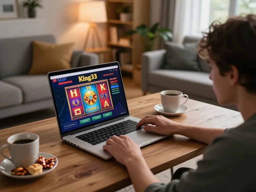 Engaging in online gaming with king33 on a laptop in a cozy home setting.