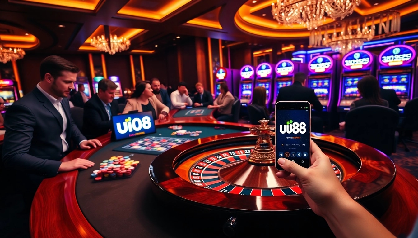 Players engaging at a lively uu88 casino table with roulette and slot machines.