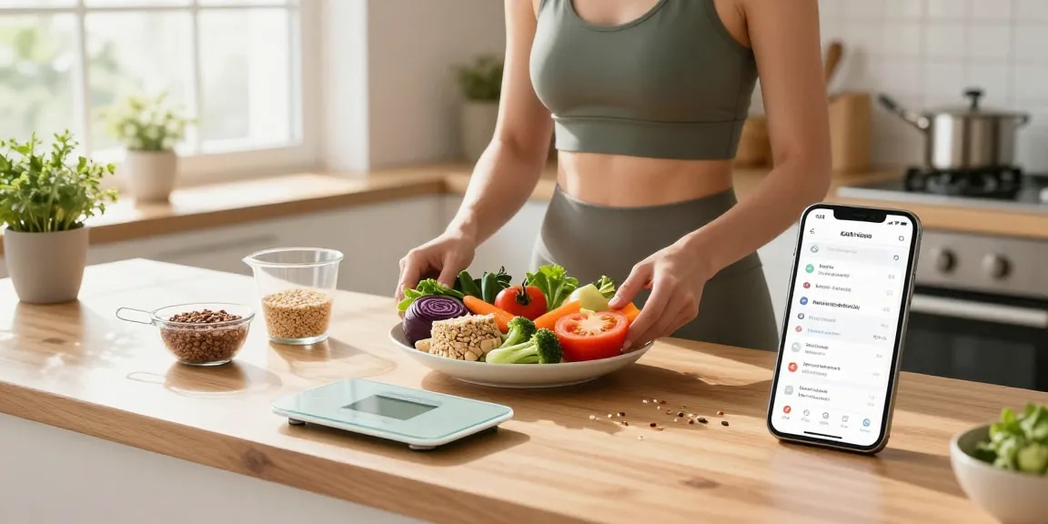 Health-conscious individual using the best calorie tracking apps while preparing a balanced meal in a bright kitchen.