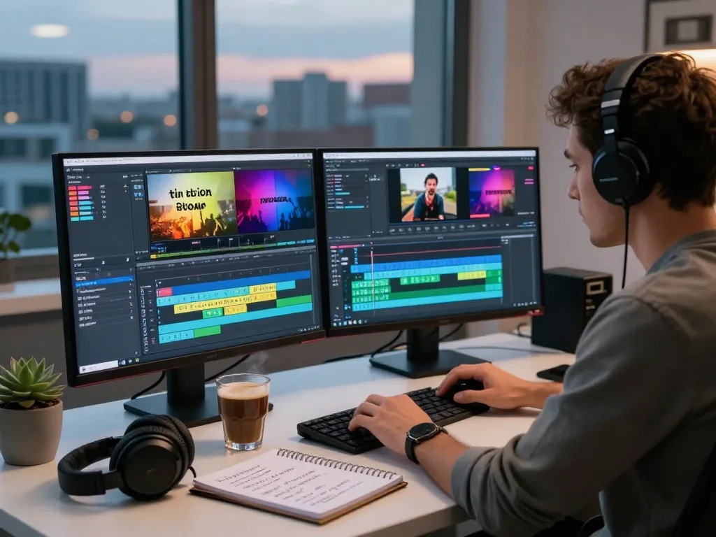 Video to prompt scene of a video editor generating AI prompts in a vibrant studio setting.