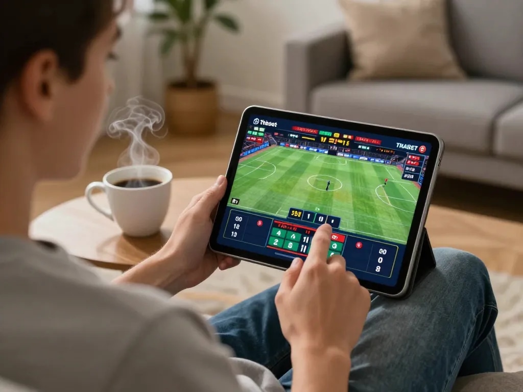 Person engaging with sports betting on Thabet platform, highlighting immersive online gaming experience.