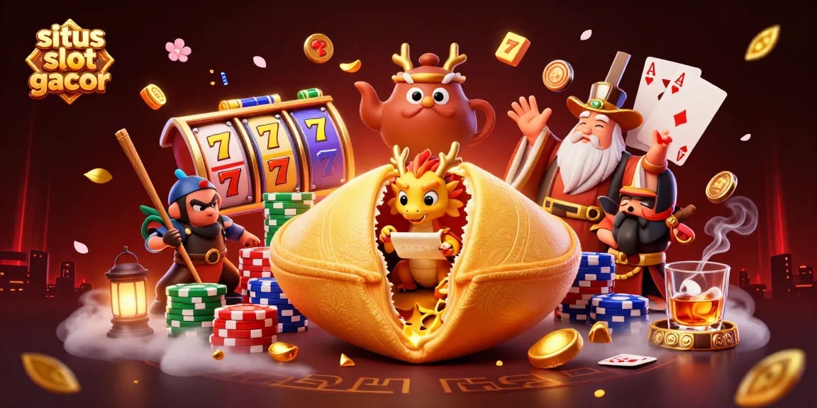 Engage in situs slot gacor action with a vibrant casino scene showcasing dynamic slot reels and unique characters.