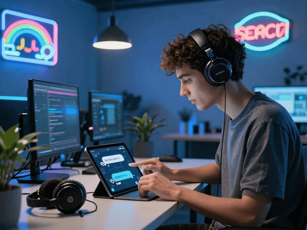 Interactive nsfw chat bot display in a futuristic workspace with vibrant atmosphere.