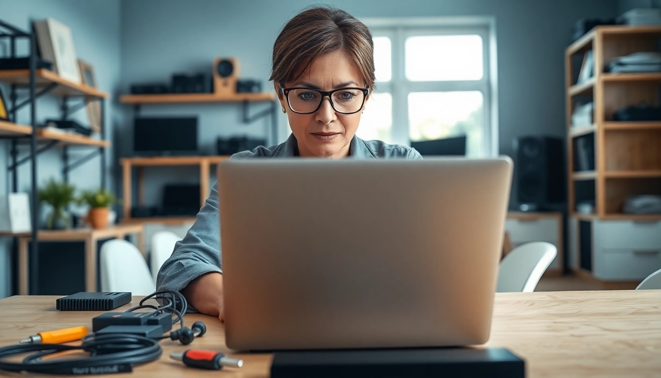 Technician providing computer service by repairing a laptop in a modern setting.