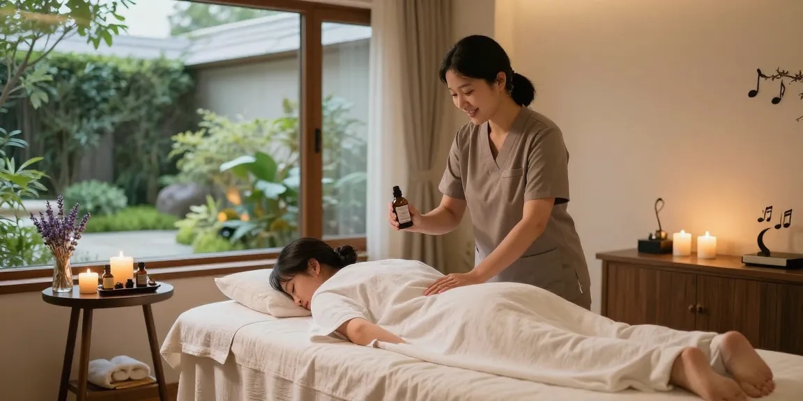 Relaxing 강남출장안마 experience with a serene spa therapist preparing a tranquil massage room.